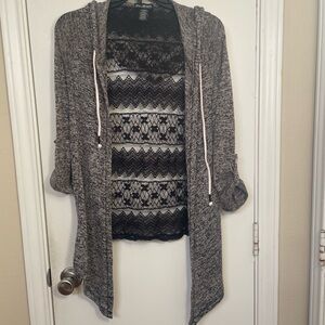 Miss Chievous Gray Hooded Cardigan With Black Lace & 3/4 Length Sleeves